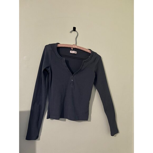 HOLLISTER Women’s Long Sleeve Henley Top Small Blue Ribbed Stretch Button Front - Picture 1 of 11